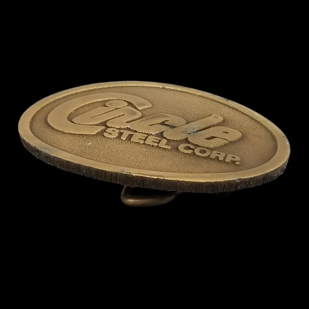 Vintage Circle Steel Corp Belt Buckle Hit Line USA Gold Tone‎ Industrial Logo